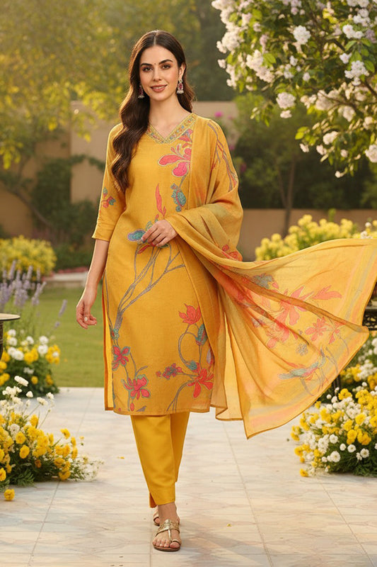 Mustard Yellow Rayon Blend Floral Printed Straight Suit Set PKSKD2416