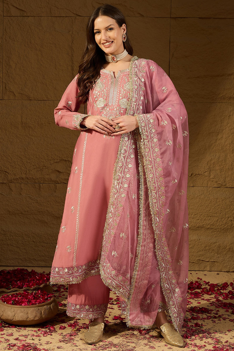 Pink Silk Blend Solid Embroidered Straight Kurta Trousers With Dupatta PKSKD2939