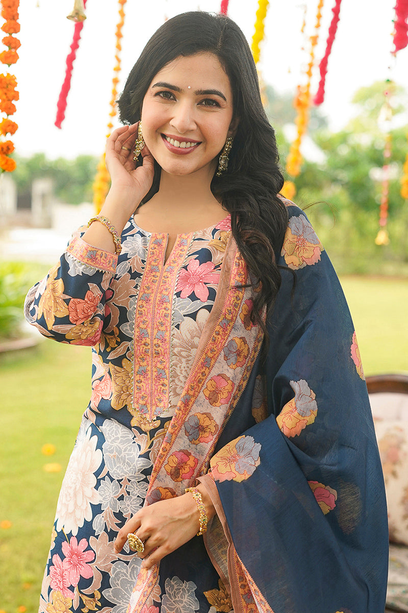 Blue Cotton Blend Floral Printed Straight Kurta Trousers With Dupatta VKSKD2415