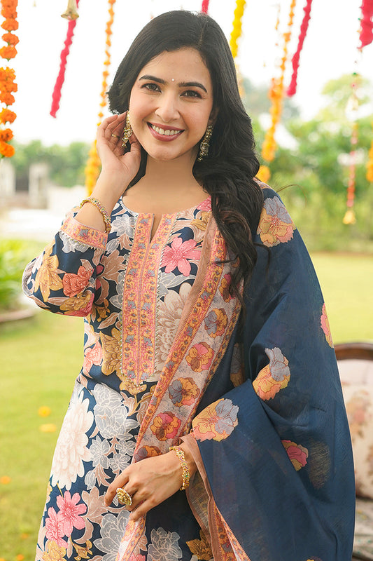 Blue Cotton Blend Floral Printed Straight Kurta Trousers With Dupatta VKSKD2415