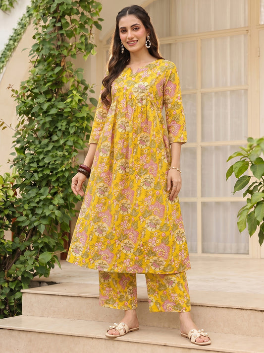 Cotton Blend Yellow Floral Digital Printed Regular Kurta VCK9823