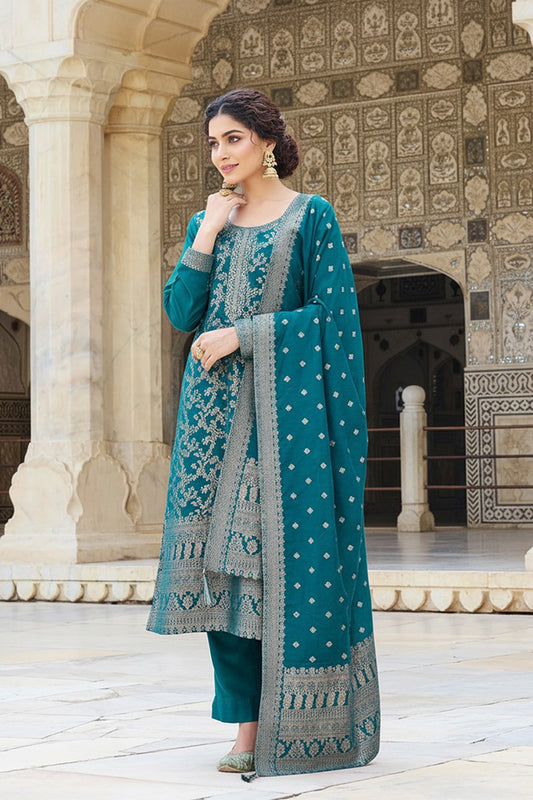 Teal Blue Poly Chanderi Solid Woven Design Straight Trouser Suit Set PKSKD2628
