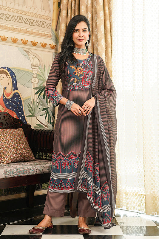 Brown Cotton Blend Ethnic Motifs Printed Straight Kurta Trousers With Dupatta PKSKD3072