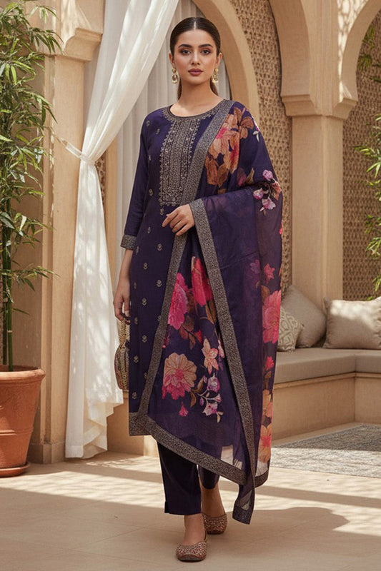 Purple Silk Blend Ethnic Motifs Stoning Straight Kurta Trouser with Dupatta SKSKD3091