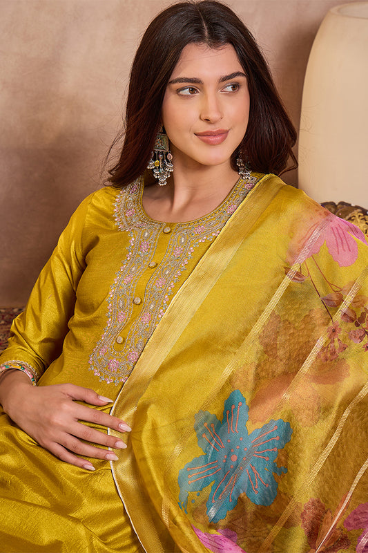 Yellow Silk Blend Solid Embroidered Straight Kurta Trouser With Dupatta PKSKD3102