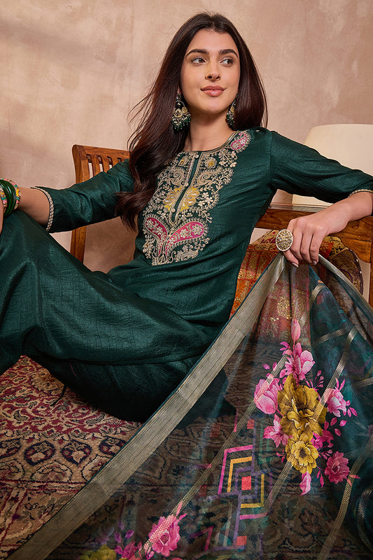 Green Silk Blend Solid Embroidered Straight Kurta Trouser With Dupatta PKSKD3101