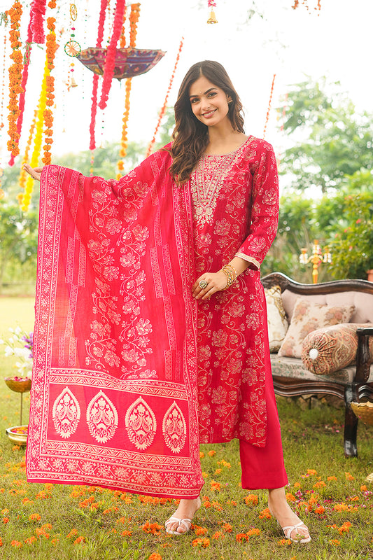 Red Viscose Rayon Floral Embroidered Straight Kurta Trousers With Dupatta PKSKD3056