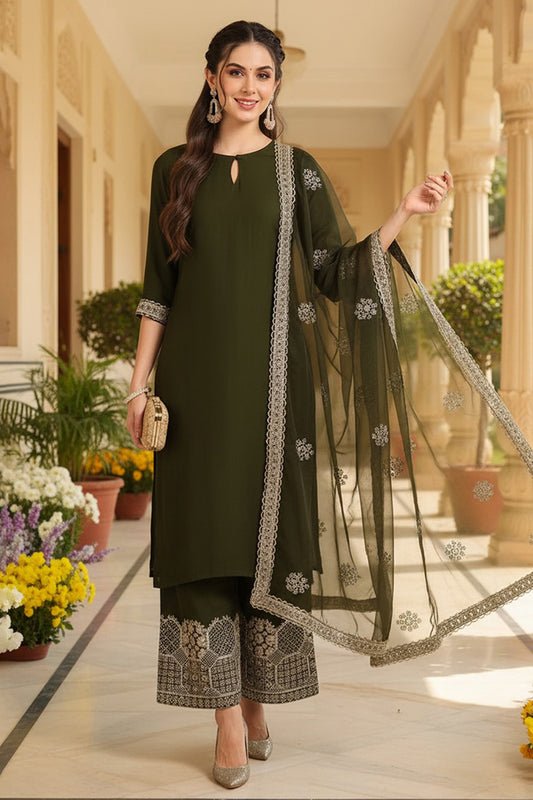 Olive Green Silk Blend Solid Straight Suit Set PKSKD2744
