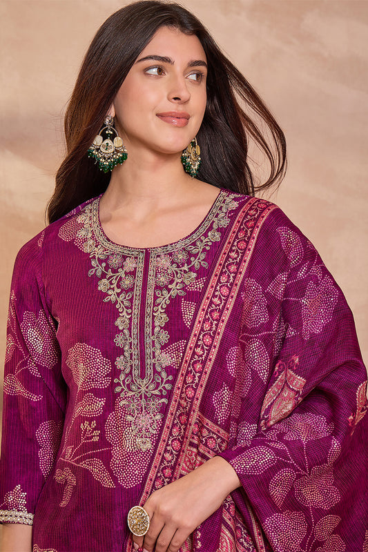 Purple Silk Blend Floral Printed Straight Kurta Trouser With Dupatta PKSKD3216