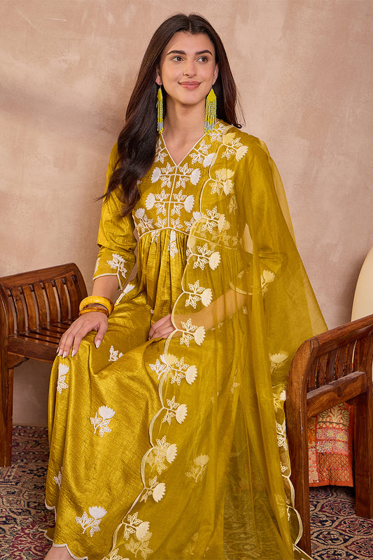 Mustard Silk Blend Solid Embroidered A-Line Kurta Trouser With Dupatta PKSKD2825