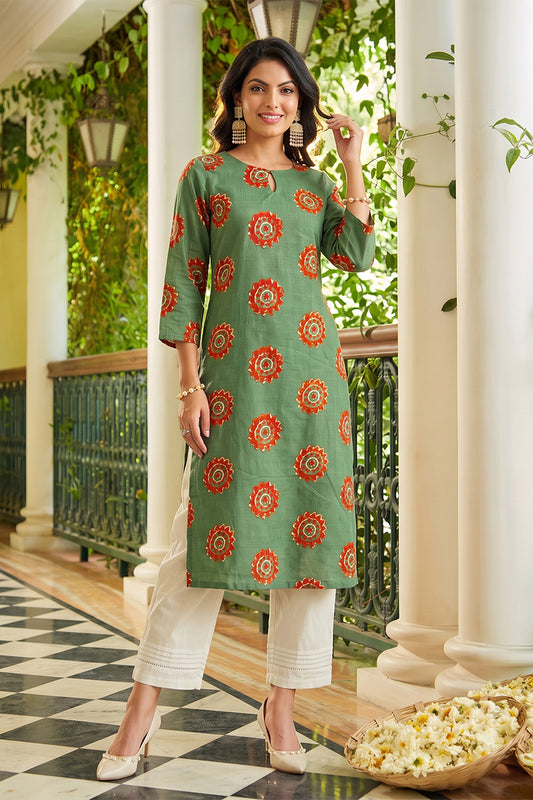 Rama Green Cotton Fabric Color Fancy Daily Wear Kurti VCK1295