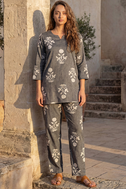Grey Cotton Ethnic Motifs Night Suit VNWK1047