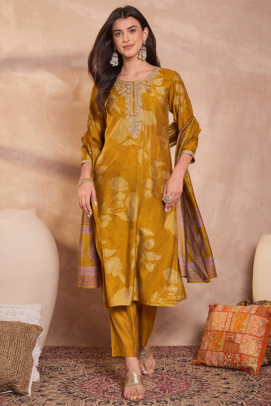 Mustard Silk Blend Floral Printed Straight Kurta Trouser With Dupatta PKSKD3217