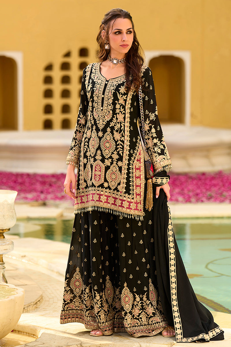 Black Chinon Chiffon Embroidered Straight Kurta Sharara with Dupatta PKSKD2892