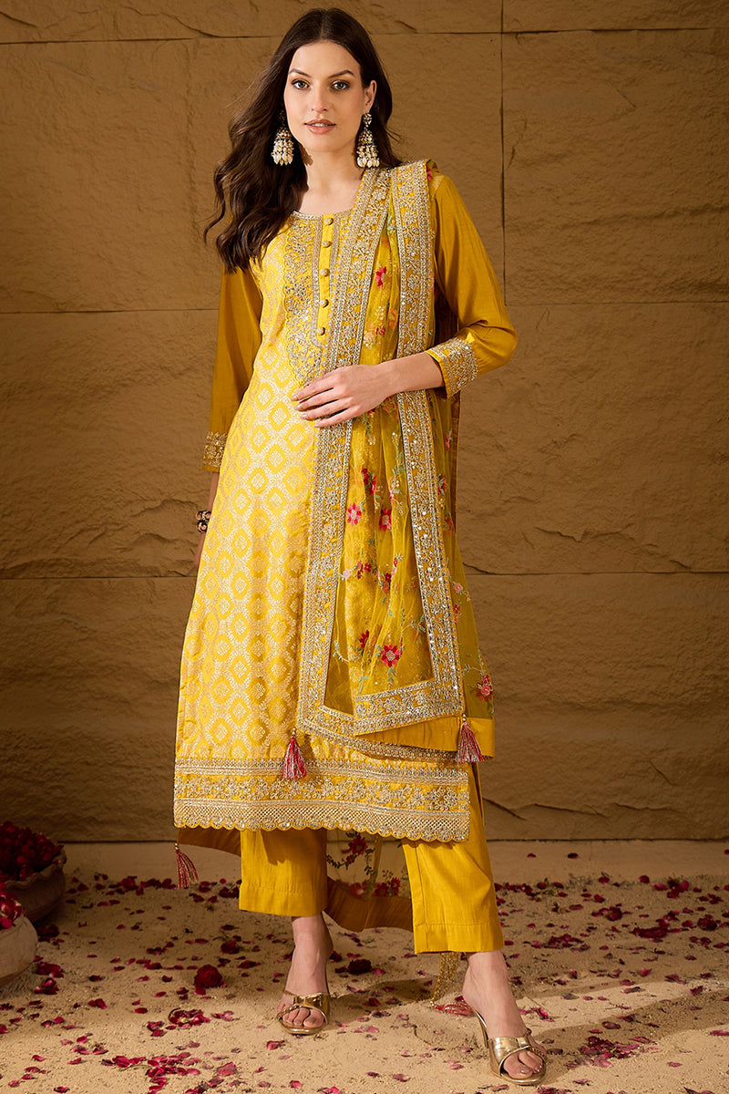 Yellow Silk Blend Solid Woven Design Straight Kurta Trousers With Dupatta PKSKD2935