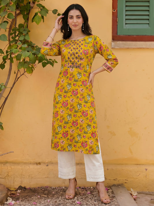 Rayon Yellow Floral Digital Printed Regular Kurta VCK9820