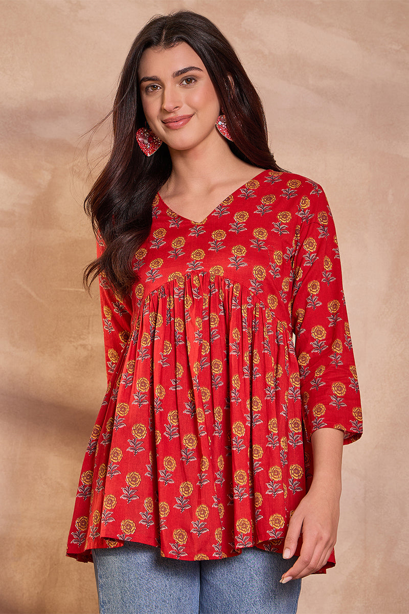 Red Cotton Blend Floral Printed Top VT1355