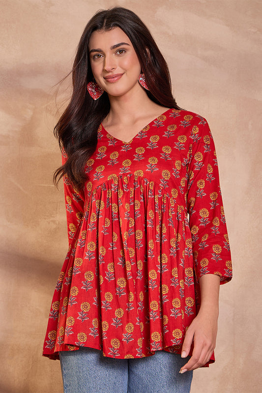 Red Cotton Blend Floral Printed Top VT1355