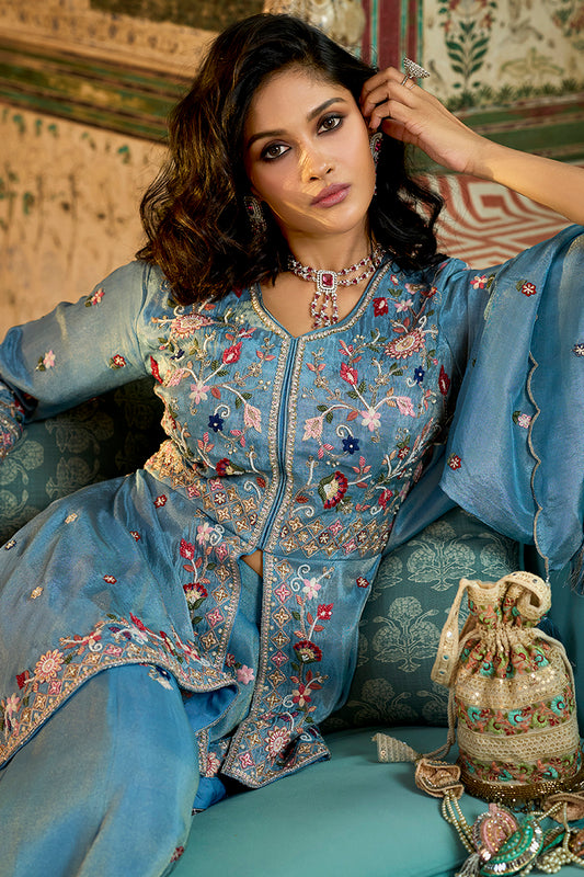Blue Solid Embroidered Straight Kurta Palaazo with Dupatta PKSKD3002