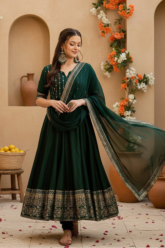 Green Silk Blend Woven Design Anarkali Suit Set PKSKD2051