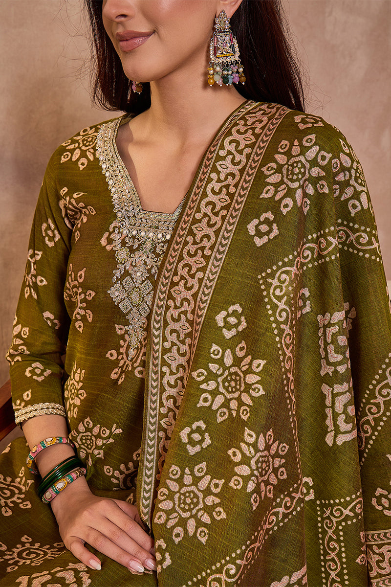 Green Floral Printed Kurta With Trousers And Dupatta PKSKD3227