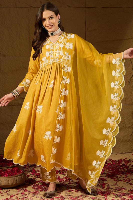 Yellow Silk Blend Solid Embroidered A-Line Kurta Trouser With Dupatta PKSKD2826