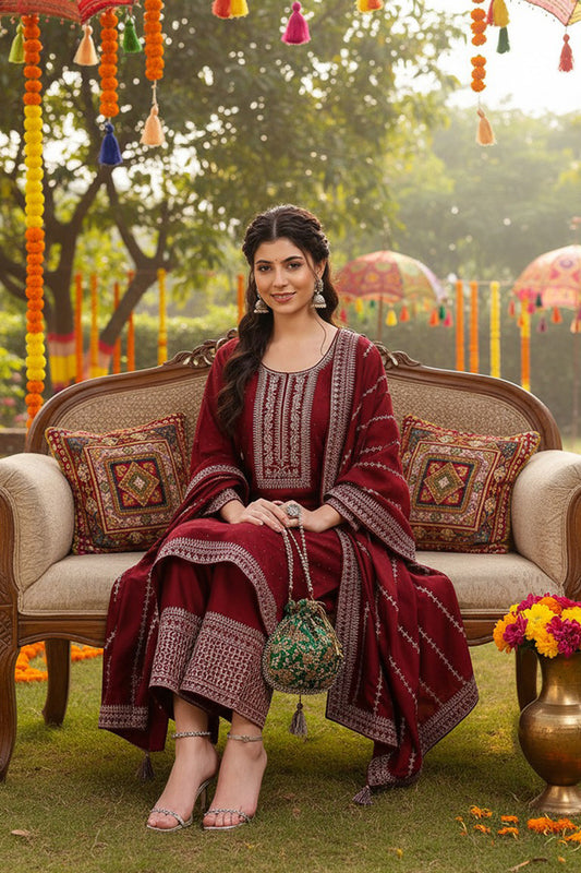 Maroon Silk Blend Straight Kurta Palazzo With Dupatta PKSKD1860