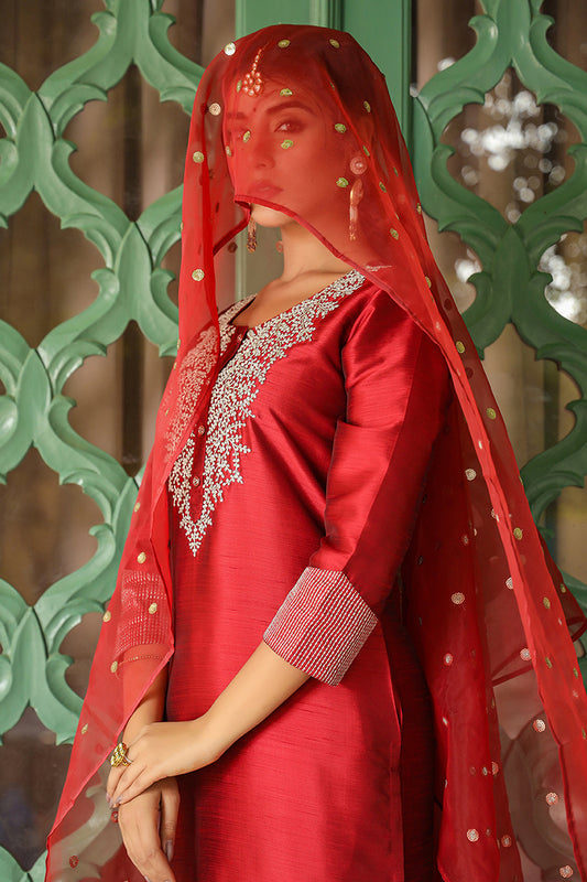 Maroon Poly Silk Solid Yoke Design Kurta Trousers With Dupatta PKSKD1587