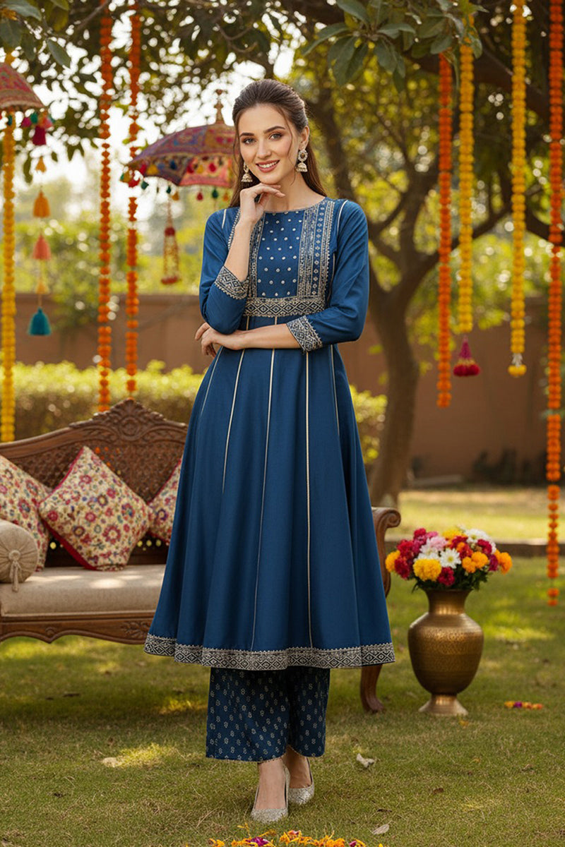 Teal Blue Silk Blend Ethnic Motifs Anarkali Suit Set PKSKD1930