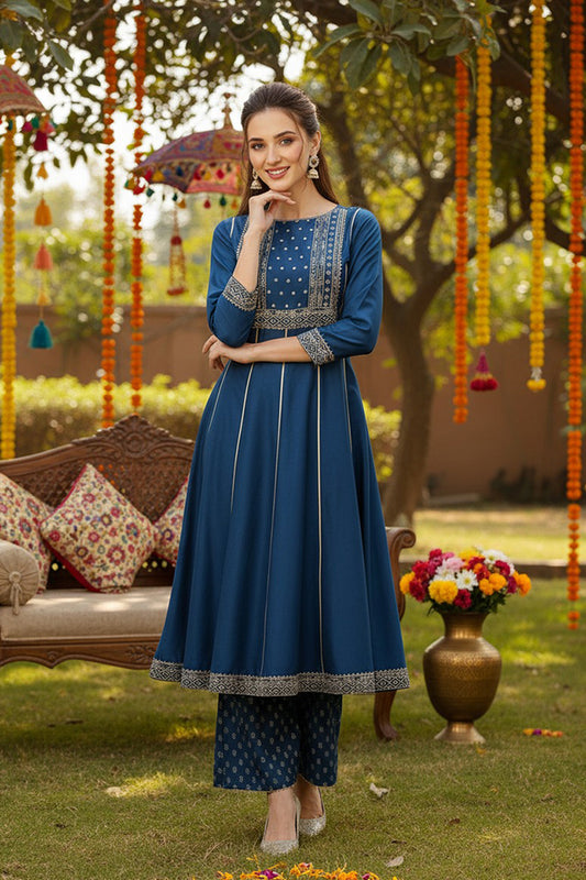 Teal Blue Silk Blend Ethnic Motifs Anarkali Suit Set PKSKD1930