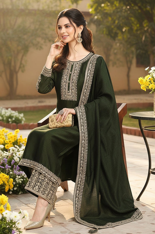 Green Silk Blend Solid Embroidered Straight Style Suit Set PKSKD2263