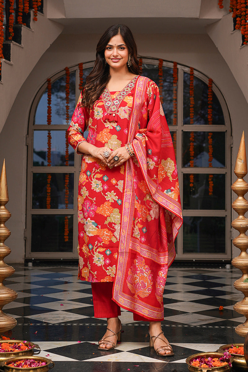 Red Viscose Rayon Floral Printed Straight Kurta Trousers With Dupatta PKSKD3079