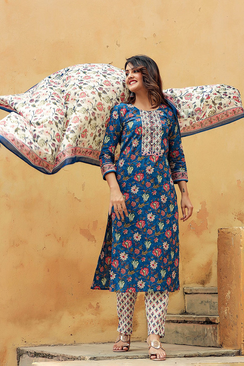 Blue Rayon Blend Floral Printed Straight Suit Set VKSKD1238