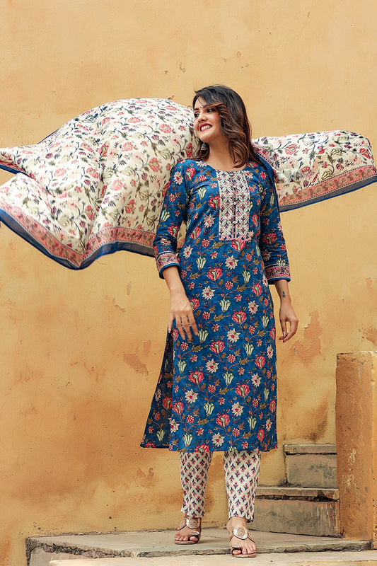 Blue Rayon Blend Floral Printed Straight Suit Set VKSKD1238