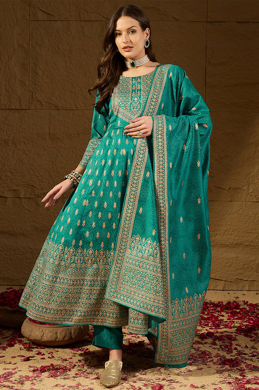 Teal Silk Blend Ethnic Motifs Woven Design Anarkali Kurta Trousers With Dupatta PKSKD2895