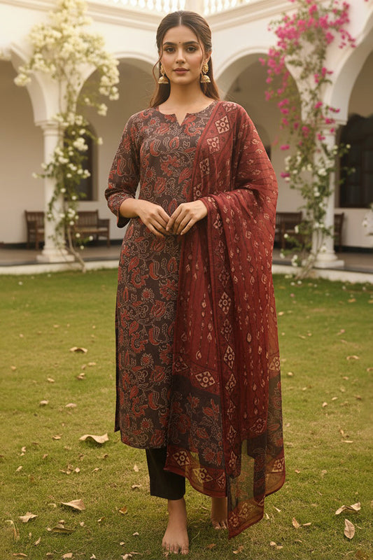 Brown Cotton Blend Floral Printed Straight Kurta Trousers With Dupatta VKSKD2413