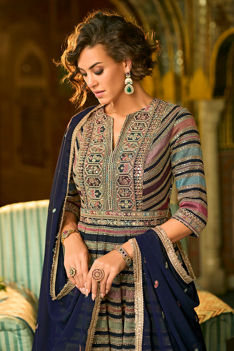 MultiColor Georgette Embroidered With Hand Work Gown With Dupatta VKSET1543