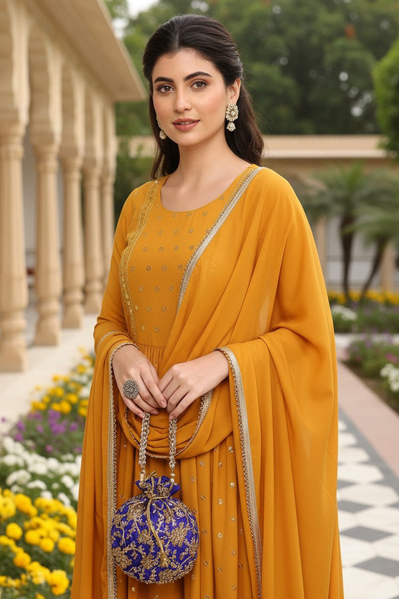 Mustard Yellow Georgette Solid Embroidered Straight Palazzo Suit Set PKSKD2521YLW