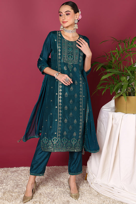 Teal Silk Blend Ethnic Motifs Woven Design Straight Suit Set PKSKD1780