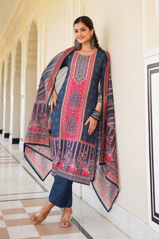 Blue Rayon Blend Ethnic Motifs Printed Straight Kurta Trouser With Dupatta SKSKD3053
