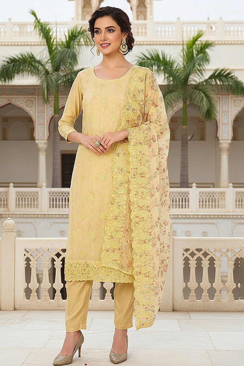Yellow Organza Floral Embroidered Straight Suit Set PKSKD2086
