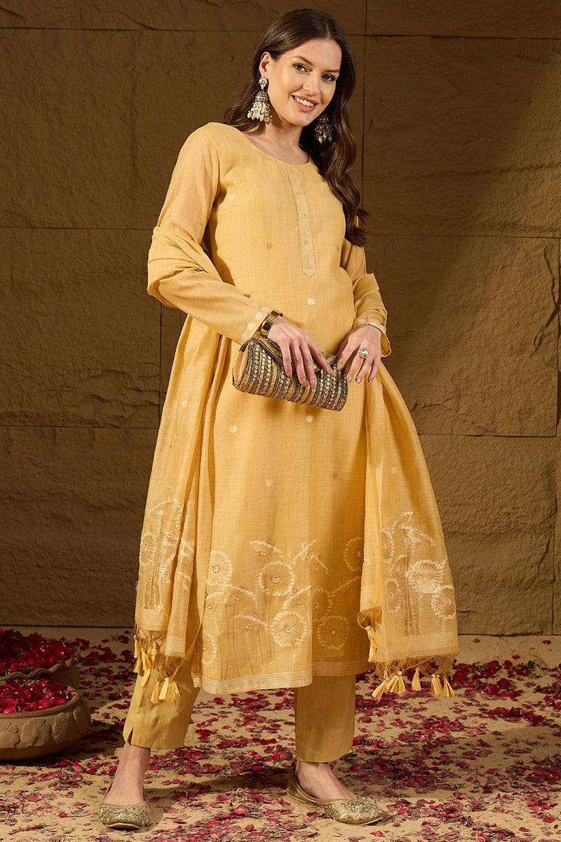 Yellow Chanderi Woven Design Straight Kurta Trouser with Dupatta PKSKD2904