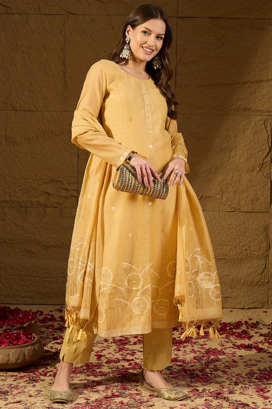 Yellow Chanderi Woven Design Straight Kurta Trouser with Dupatta PKSKD2904