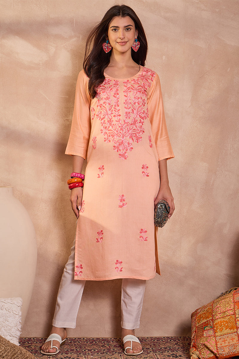 Peach Viscose Rayon Emboidered Kurti VCK9795