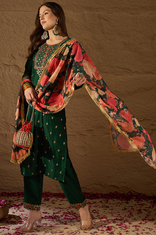 Green Silk Blend Embroidered Kurta Pant With Dupatta VKSKD1758