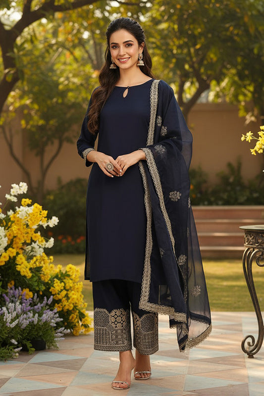 Navy Blue Silk Blend Solid Embroidered Straight Suit Set PKSKD2249