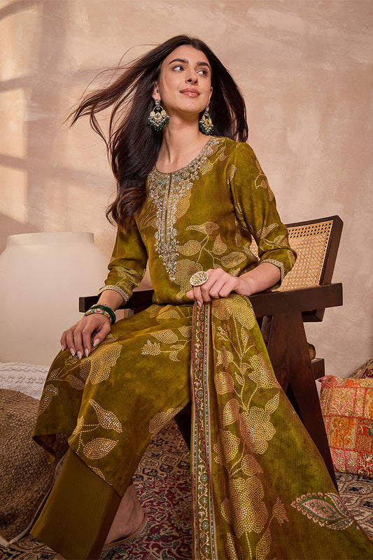 Green Silk Blend Floral Printed Straight Kurta Trouser With Dupatta PKSKD3209