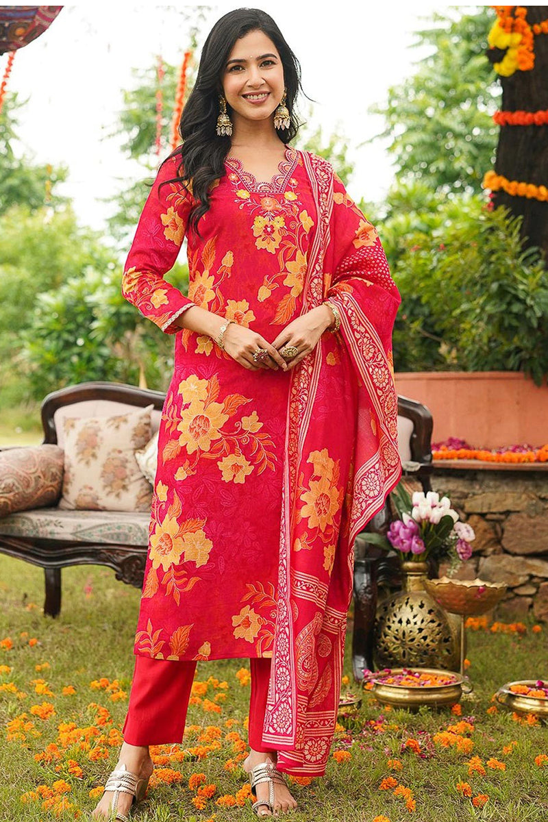 Red Viscose Rayon Floral Embroidered Straight Kurta Trousers With Dupatta PKSKD3051