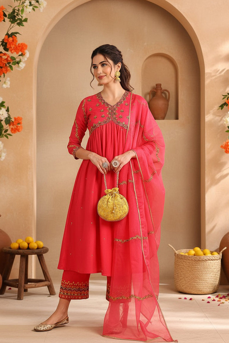 Pink Silk Blend Solid Embroidered Flared Suit Set PKSKD2114