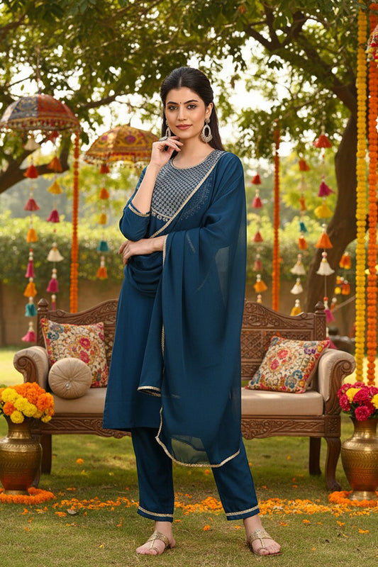 Silk Blend Teal Embroidered Straight Kurta Pant With Dupatta PKSKD1838